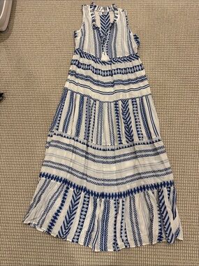 Sleeveless Blue & White Geometric Maxi Coverup Dress